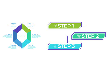 Infographic set illustrating six-step process on left and three-step flowchart on right. Each step labeled and visually connected for easy understanding