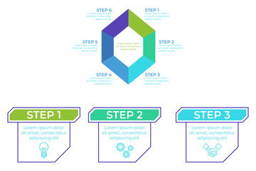 Infographic illustrating six-step process with colorful sections defining each step. Each step clearly labeled and including descriptive text for clarity in understanding