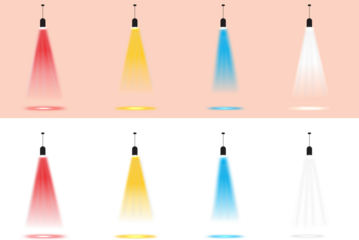 Set of Hanging Stage Spotlights with Colored Light Beams (Red, Yellow, Blue, White), Isolated Graphic Elements for Product Display, Gallery Exhibition, Theatrical Show Poster, or Marketing Campaign