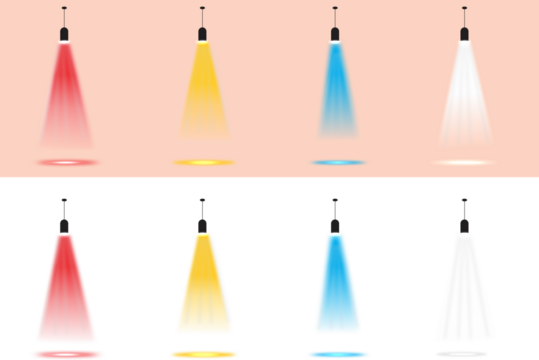 Set of Hanging Stage Spotlights with Colored Light Beams (Red, Yellow, Blue, White), Isolated Graphic Elements for Product Display, Gallery Exhibition, Theatrical Show Poster, or Marketing Campaign