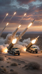 Naklejka premium Military missile trucks laucher firing missiles into the sky in dessert war 