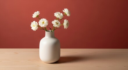 Delicate white flowers in a simple white vase against a red background