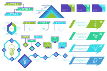 Infographic set containing various designs illustrating step-by-step process. Each section using different shapes and colors to organize information clearly, suitable for presentations