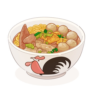Authentic Thai Boat Noodles (Kuay Teow Reua) Vector Illustration in Rooster Bowl