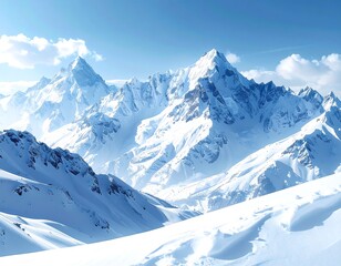 A scenic vista of snow-capped peaks under a bright, clear blue sky with a few fluffy clouds, depicting a winter landscape