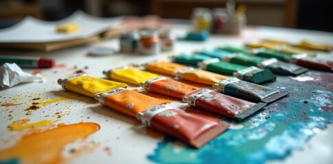 Disarrayed Art Supplies on a Creative Workspace A top down view of a cluttered art studio table. Strewn across the surface are various art supplies squeezed paint tubes in different colors, used paint