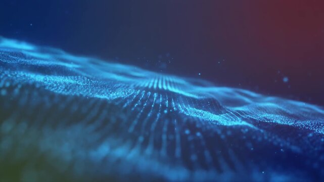 Mesmerizing 3D visualization of luminous blue particle waves flowing through digital space, creating dynamic wave-like patterns against a gradient navy to pink background. Sophisticated motion graphic - Powered by Adobe