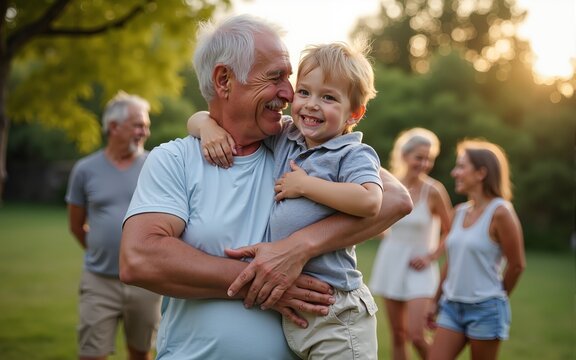 Senior man embracing his grandson at a family barbecue in the backyard, with other relatives chatting in the background. High quality