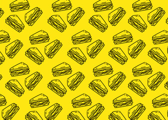 Seamless sandwich pattern featuring hand-drawn line art illustrations of layered sandwiches. The doodle-style outline gives a simple, clean, and playful look. Black line and yellow background
