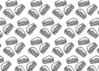 Seamless sandwich pattern featuring hand-drawn line art illustrations of layered sandwiches. The doodle-style outline gives a simple, clean, and playful look. Black line and white background