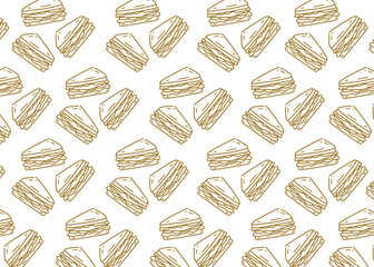 Seamless sandwich pattern featuring hand-drawn line art illustrations of layered sandwiches. The doodle-style outline gives a simple, clean, and playful look. Brown line and white background