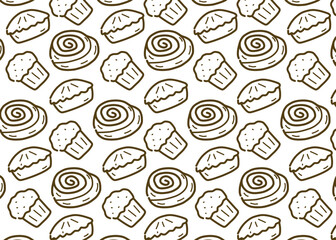 Seamless bakery pattern featuring hand-drawn line art illustrations of cinnamon rolls, muffins, and pies. The doodle-style outline design creates a cute and minimal look, white background