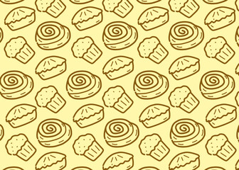 Seamless bakery pattern featuring hand-drawn line art illustrations of cinnamon rolls, muffins, and pies. The doodle-style outline design creates a cute and minimal look, cream background