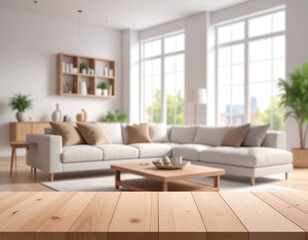 Bright, blurred living room behind a wooden foreground