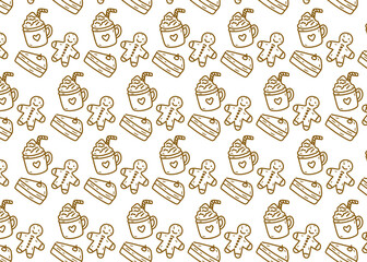 Seamless dessert pattern hand-drawn illustrations of gingerbread cookies, whipped-cream hot drinks, and cake slices. The doodle line art style creates a festive look, holiday, white background