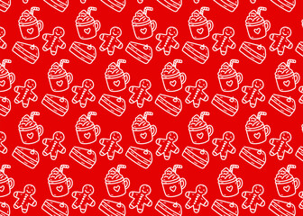 Seamless dessert pattern hand-drawn illustrations of gingerbread cookies, whipped-cream hot drinks, and cake slices. The doodle line art style creates a festive look, holiday, red background