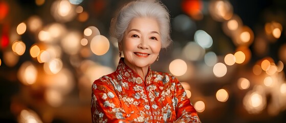 Elderly Chinese woman smiling in a noble ceremonial dress, surrounded by lanterns, fireworks, and festive street lights for the Lunar New Year.