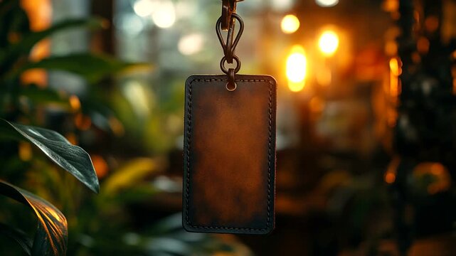 Rustic leather tag hanging with warm background glow