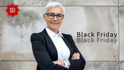 Black Friday Sale concept. Attractive middle aged woman with glasses wearing casual black jacket and white shirt standing isolated on wall background.