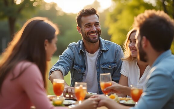 Smiling man at backyard barbecue with family. High quality