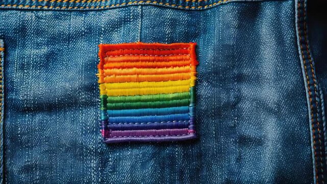 Vibrant rainbow flag patch sewn onto blue denim fabric