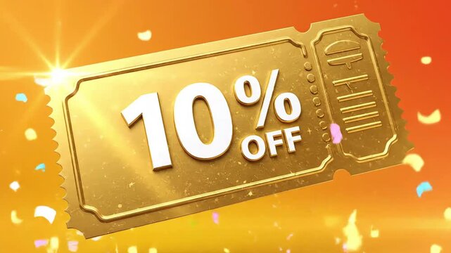 Discount ticket with 10 percent off in golden color with confetti on orange background.