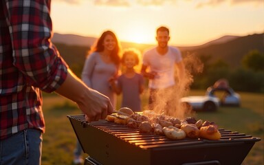 Grilling together outdoor gathering family barbecue scenic hills warm sunset joyful moments. High quality