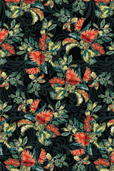 Abstract solid vector textile design, arrangement with a medium dual-tone silhouette of leaves motif, all-over seamless pattern with red and tosca color illustration, digital image printing factory