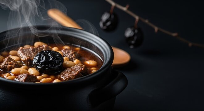 Hearty Bosnian Pasulj &ndash; White Bean Stew with Beef & Smoked Plum in Black Clay Pot, Smoked Plum Branch & Wooden Spoon Background, Moody Winter Light