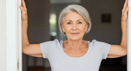 Portrait of a beautiful mature woman with short grey hair standing confidently in the doorway of her house