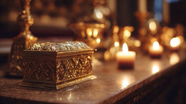 pyx. Golden pyx on church altar illuminated by warm candlelight, shallow depth of field. event programs, museum guides, designed for cultural heritage projects and event programs.