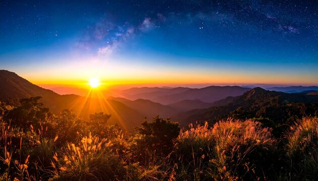 A scenic panoramic view of mountains at sunrise, golden sunlight illuminating the peaks and the night sky - Powered by Adobe