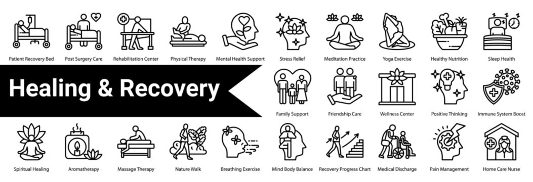 Healing & Recovery  icon sheet and collection containing: patient recovery bed, post surgery care, rehabilitation center, physical therapy, mental health support, stress relief, meditation practice