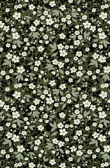 Abstract solid vector textile design, arrangement with a small monochrome silhouette of jasmine flowers, all-over seamless pattern with green tone color illustration, digital image printing factory