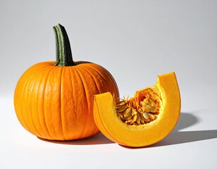 Pumpkin, wedge cut, seeds exposed, on white backdrop