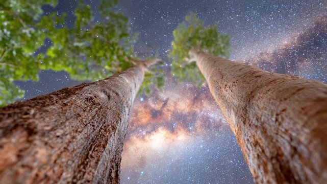 Stellar Embrace: Towering trees reach towards a breathtaking night sky, its canvas illuminated by a shimmering galaxy, offering a perspective on the beauty of nature.