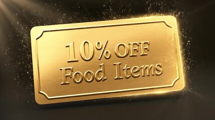 Discounted gold bar with 10% off food items on a dark background with rays of light.