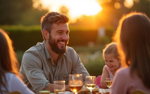 Smiling man enjoying outdoor gathering with family at sunset in a garden setting. High quality - Powered by Adobe