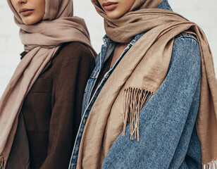 Two women wearing modern hijab fashion with denim jackets and scarves in neutral tones