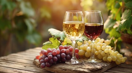 riesling. Glasses of red and white wine with fresh grape clusters on a rustic wooden table in a vineyard setting. bar promotions, beverage menus, designed for food & beverage menus and cafe branding.