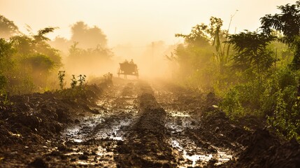oxcart. Deep muddy ruts on a country path with an ancient oxcart moving through mist. mobility guides, transit brochures, designed for mobility and urban transit guides, used by professors.
