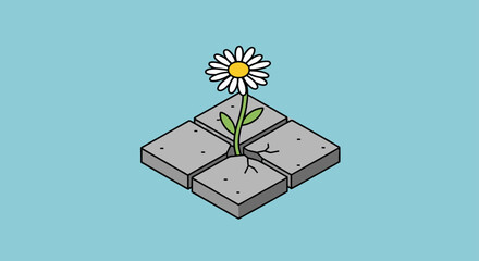Resilient daisy blooming through cracked concrete symbolizes hope and overcoming obstacles, a modern symbol of strength and perseverance in challenging times