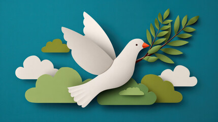 A stylized paper dove carries an olive branch amidst colorful clouds, symbolizing peace and harmony in a vibrant, artistic design.