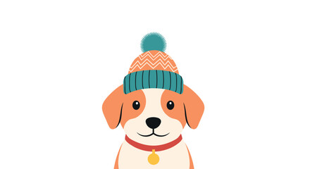 A cute dog wearing a warm winter hat with a pom-pom is looking forward curiously.