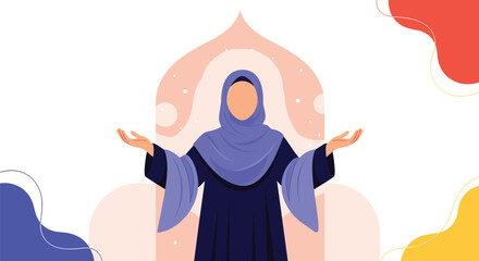 An illustration of a woman in a hijab praying with her hands raised.