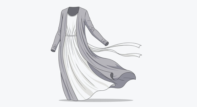 Elegant long gray abaya and white inner dress ensemble for modest fashion.
