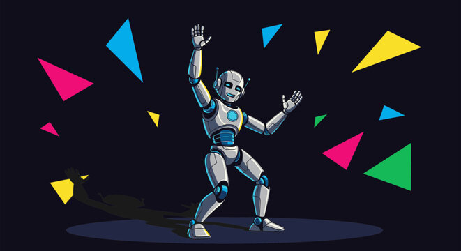 Cheerful robot dances amidst vibrant geometric shapes, showcasing futuristic fun and technological advancement, ideal for tech blogs or creative projects