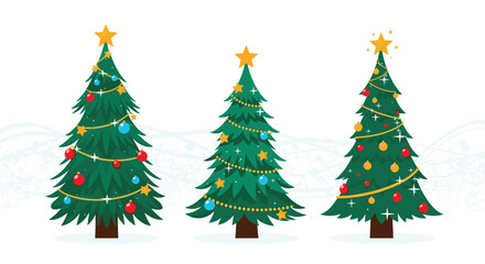 Three beautifully decorated christmas trees with ornaments and lights on a snowy background.