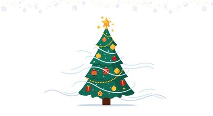 A festive decorated pine tree stands proudly in a snowy winter landscape with swirling snow effects and sparkling lights.