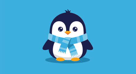 A cute cartoon penguin wearing a cozy blue scarf on a solid blue background.